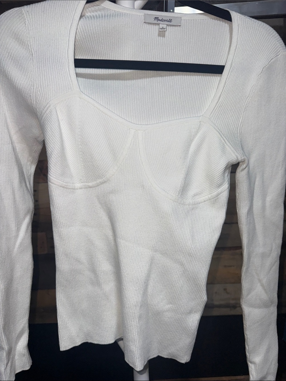 Madewell Cream Ribbed Square-Neck Long Sleeve Top Small